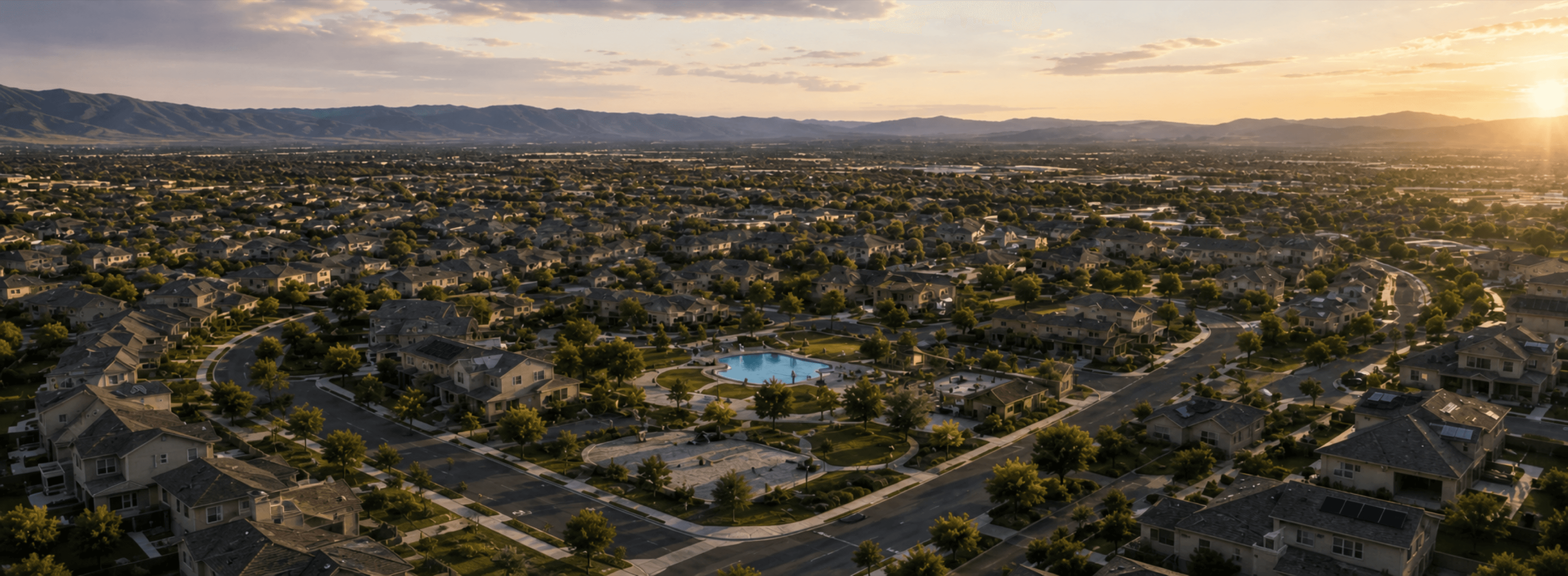 A master-planned community at golden hour, seen from the air